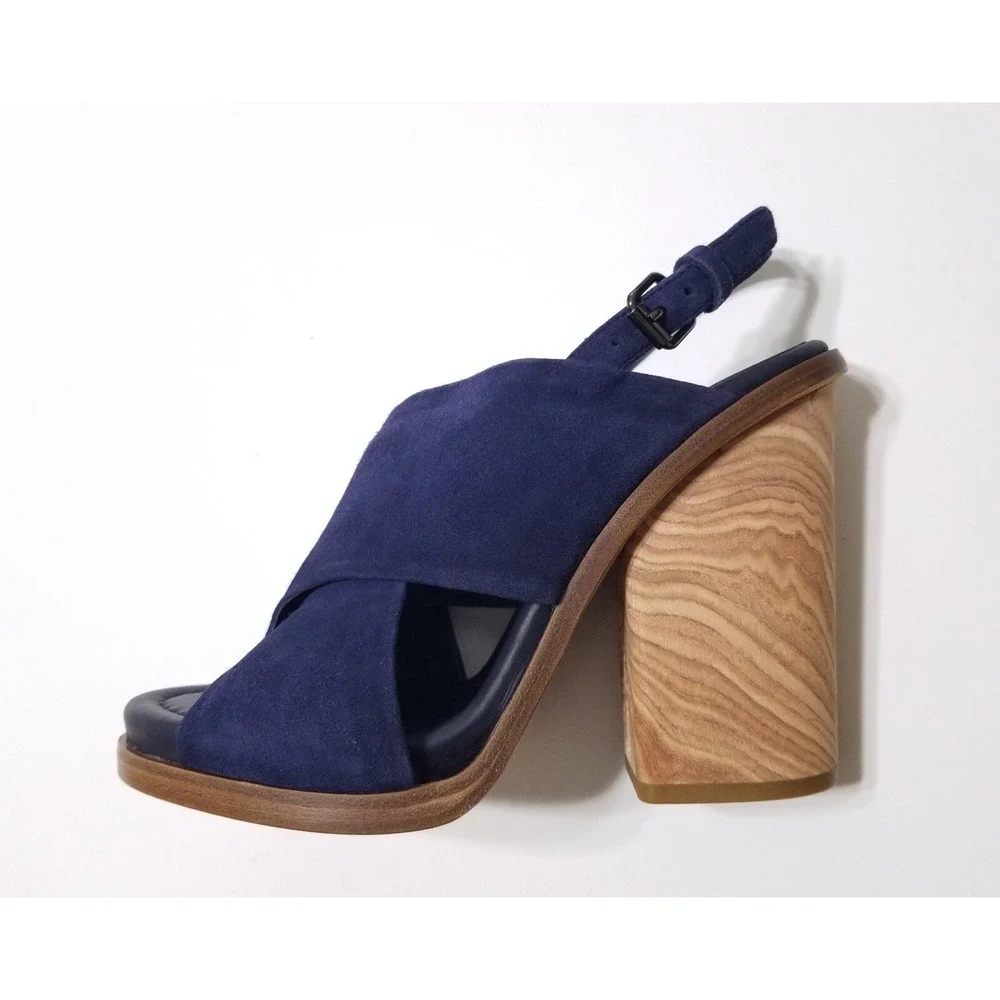 Vince Helena Suede Slingback Wooden Block Heel Sandals Indigo Blue NIB 6.5 7